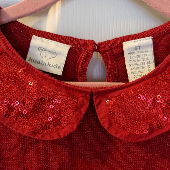 Koala kids girls sweater tunic top in red and sparkle, size 5t peter pan collar - Picture 4 of 5